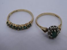 9ct yellow gold emerald and diamond chip ring, marked 375 together with 9ct cluster ring with centra