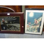 Three Chinese woodblock prints and one other lacquer picture