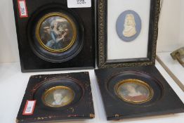 Three portrait miniatures, a Jasperware oval miniature and a small gilt frame