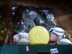 Two boxes of mixed china, glass and sundries to include silver plate, jugs, glasses, cutlery, cups,