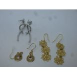 Three pairs of 9ct gold earrings all marked 375, including ornate pair circular drop earrings, appro