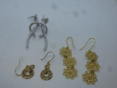 Three pairs of 9ct gold earrings all marked 375, including ornate pair circular drop earrings, appro