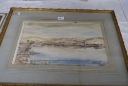 Watercolour of hills and lake signed P Maze 46 x 25.5cm and one other sketch dated 1968