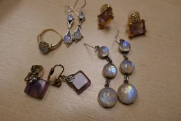 Pair of silver drop moonstone earrings, another pair and gold ring set with oval moonstone, etc