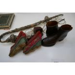 Three silver thimbles, a pair of Chinese embroidered shoes, spectacles and sundry