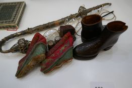 Three silver thimbles, a pair of Chinese embroidered shoes, spectacles and sundry