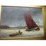 An antique oil of two boats and figures in estuary, unsigned 52.5 x 37cm
