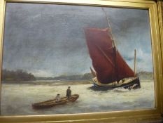 An antique oil of two boats and figures in estuary, unsigned 52.5 x 37cm