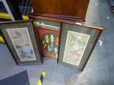 A selection of framed and glazed oriental hand painted flower and bird pictures, etc