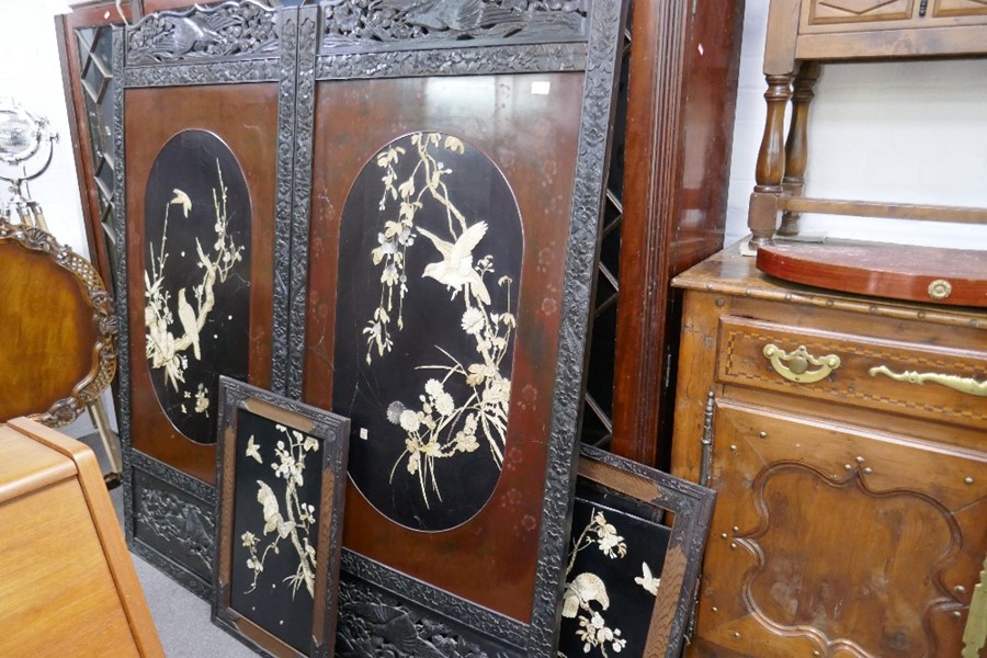 Oriental carved draft screen having 2 panels with Ivory decorated birds and flowers and 3 other simi