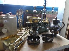 A set of Libra scales and weights, silverplate to include candelabra, and brass fire dogs and fire t