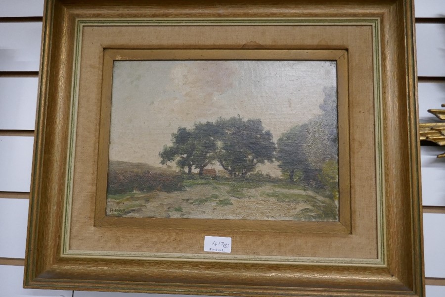 P.L. Harvest-time; and By a Footbridge, indistinctly signed, oil on canvas, 18 1/2 x 14 in, a pair; - Image 6 of 7