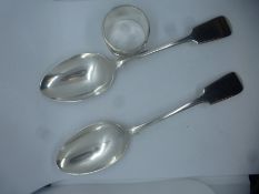 Pair of silver hallmarked serving spoons, London 1925, and a silver hallmarked napkin ring 7ozt
