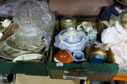 Three boxes of china, glass and sundry items to include copper kettle, bowls, ginger jars, etc