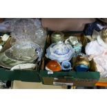 Three boxes of china, glass and sundry items to include copper kettle, bowls, ginger jars, etc