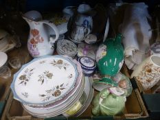 Two boxes of china and linen to include Aynsley Royal Worcester, oriental plates, etc
