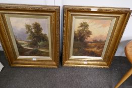 P.L. Harvest-time; and By a Footbridge, indistinctly signed, oil on canvas, 18 1/2 x 14 in, a pair;