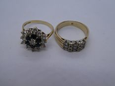 Two 9ct yellow gold dress rings, one a cluster example, marked 375, sized P & N, approx 7g