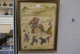 Three old Indian watercolours on fabric of figures hunting in landscape