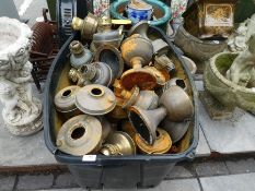 A large tub of vintage brass oil lamps AF and fire baskets