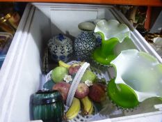 Two boxes of mixed ceramics to include green glass vases and Green Mountain Canada pottery, chamber