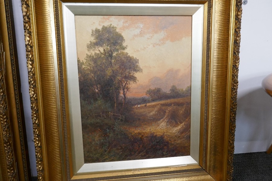 P.L. Harvest-time; and By a Footbridge, indistinctly signed, oil on canvas, 18 1/2 x 14 in, a pair; - Image 4 of 7