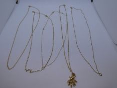 Five fine 9ct yellow gold neckchains, all marked, hung with a pendant 5.3g approx