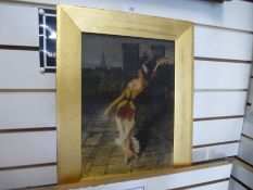 An old oil of continental female dancer in town square, unsigned, 25 x 35cm