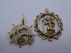 Two 9ct yellow gold pendants one a circular design with dolphins and the other oval depicting a chil