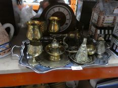 A selection of various collector's tea pots, metal ware and a vintage clock, etc