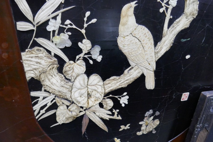 Oriental carved draft screen having 2 panels with Ivory decorated birds and flowers and 3 other simi - Image 2 of 14