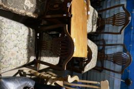 Set of 5 antique mahogany dining chairs - 2 antique carver chairs and one other plus a coffee table