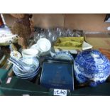 Two box of mixed china, glassware to incl. glasses, bowls, plates, oriental figures etc