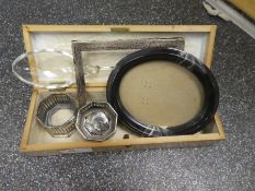 Wooden box containing frame, pair of salt holders, mother of pearl pill box etc