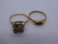 Two 9ct yellow gold dress rings, one set with pale rubies and the other set with a garnet, both mark