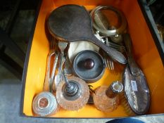 A small box of various silver mounted items to include brush sets, etc