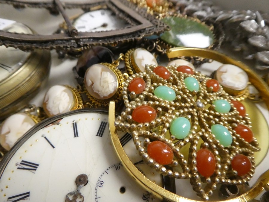 Mixed costume jewellery to include a silver gilt cameo bracelet, two pocket watches, coral necklace, - Image 2 of 6