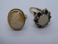 Two 9ct yellow gold dress rings, one set with a cameo and the other an opal cluster example, marked