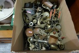 A box of metal ware and a tray of dinnerware