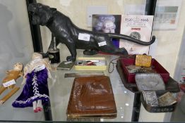 A crocodile leather card case, a spelter figure of Tiger, coins and sundry