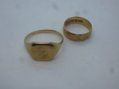 Two 9ct yellow gold rings, one a signet and one a wedding band, size V & M both marked 375, approx 6