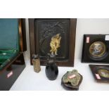 Two Chinese soapstone carvings, a carved wooden bottle, with frog lid and an oriental picture