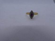 18ct yellow gold marquise ruby and diamond dress ring, marked 750, size O/P, approx 1.8g