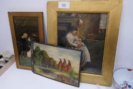 An antique oil of mother and child seated, signed and small oil of figure with swans and two other p