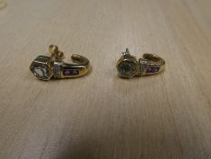 Pair of 9ct yellow gold drop earrings set with a pale blue sapphire, diamonds and amethyst etc