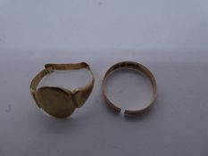 Two 9ct yellow gold rings, a signet and wedding band both AF, marked 375, 4g approx