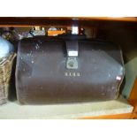 Leather vintage Doctor style case containing vintage ephemera, various magazines, etc and a basket c