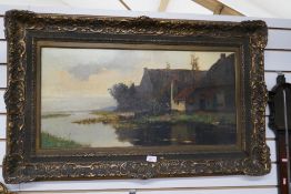 JOSEF VAN HEECKEREN.. A tranquil Dutch river Landscape, signed, oil on canvas, 16 x 32 in