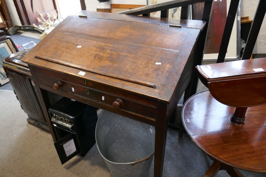 Antique oak clarks desk having one long drawer on square legs, 98.5cm