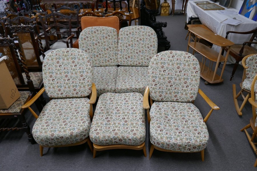 An Ercol light oak settee with pair of matching armchairs and a footstool - Image 5 of 6
